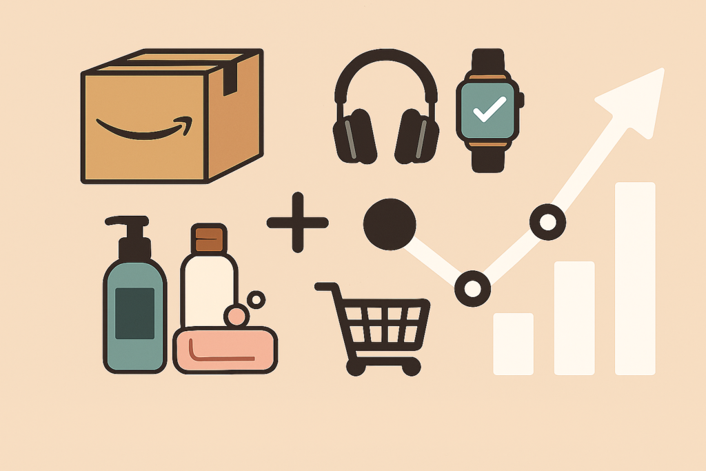 Illustration of Amazon product bundling with consumer goods, shopping cart, and upward sales graph