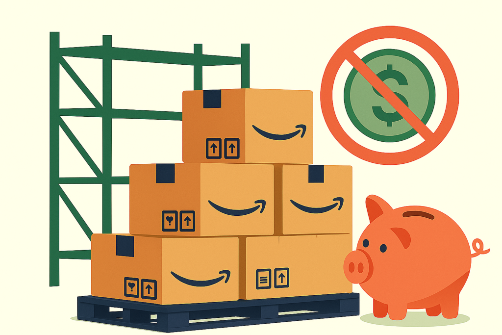 Amazon FBA removal fee warning with storage boxes and piggy bank