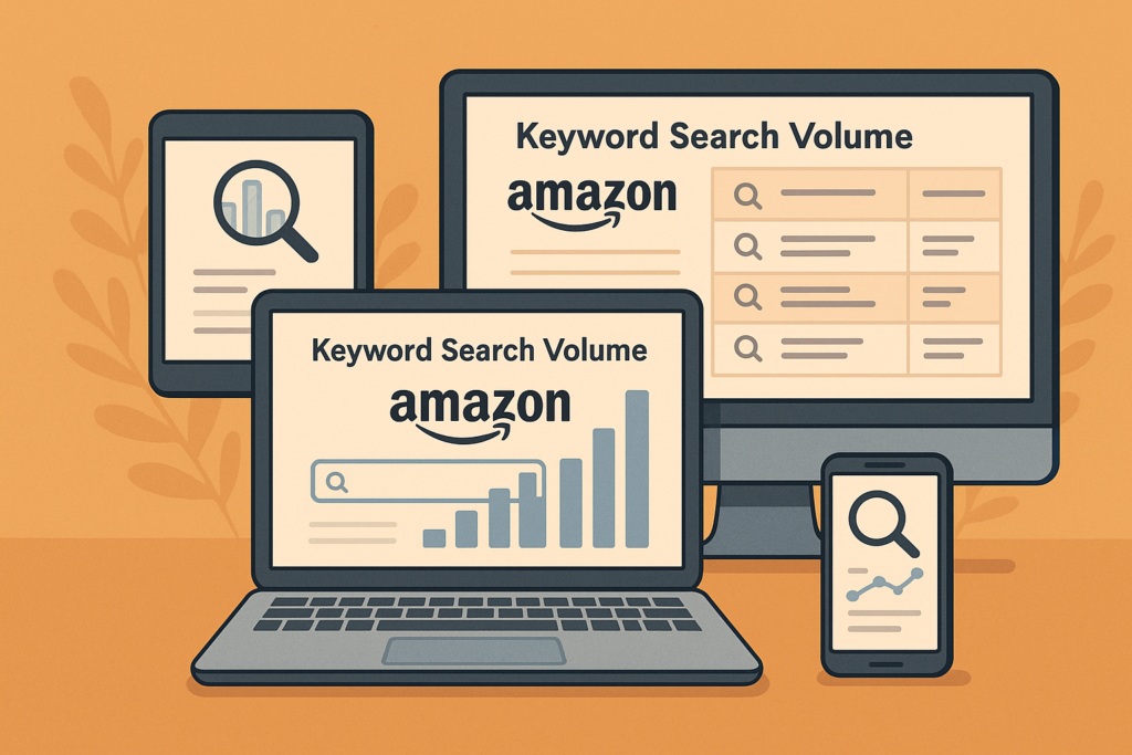 Illustration showing multiple devices displaying Amazon keyword search volume tools, including graphs, search bars, and data tables.