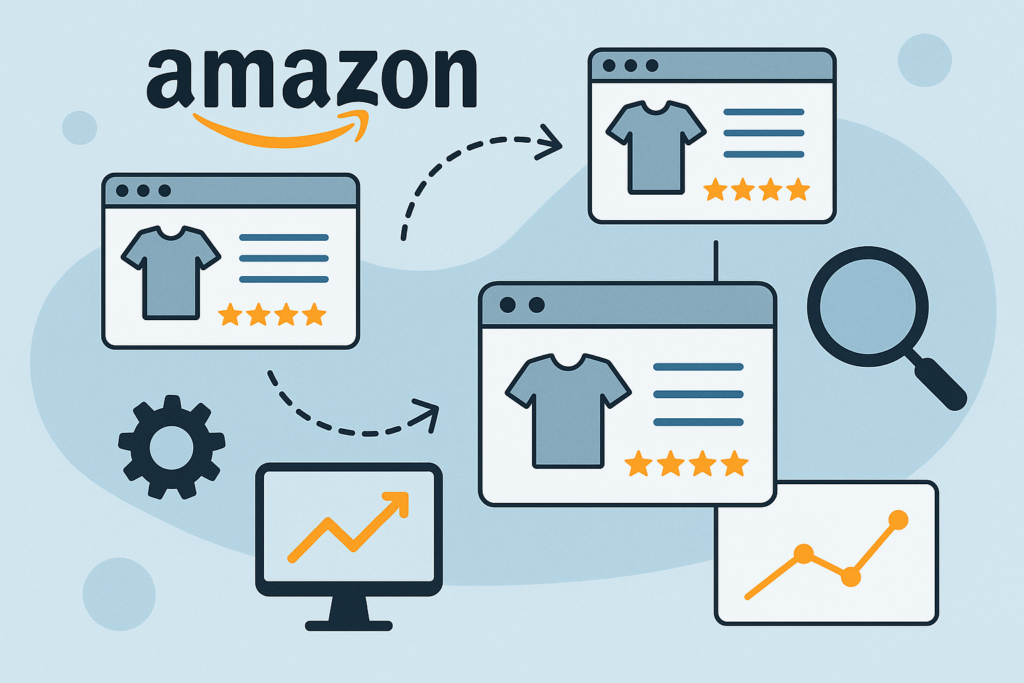 Amazon listing merge process with product pages, review stars, and growth charts