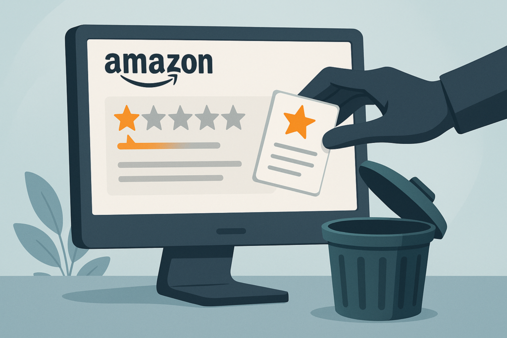 Hand removing a negative Amazon product review from a computer screen with a trash can nearby