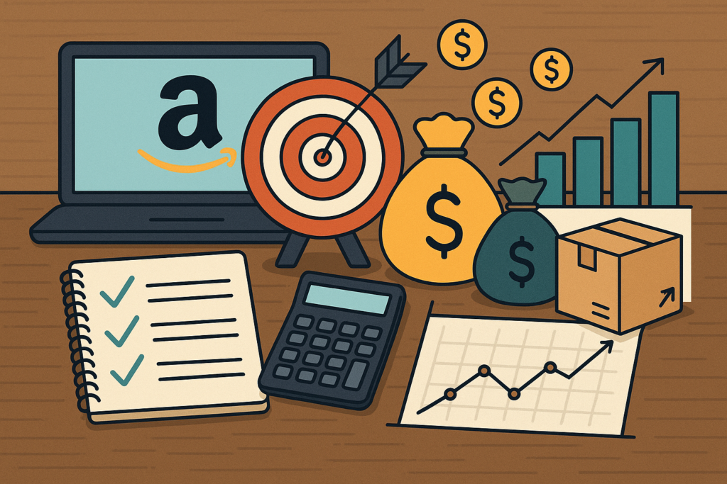Amazon pricing strategy illustration with laptop, target, money bags, calculator, and sales graph