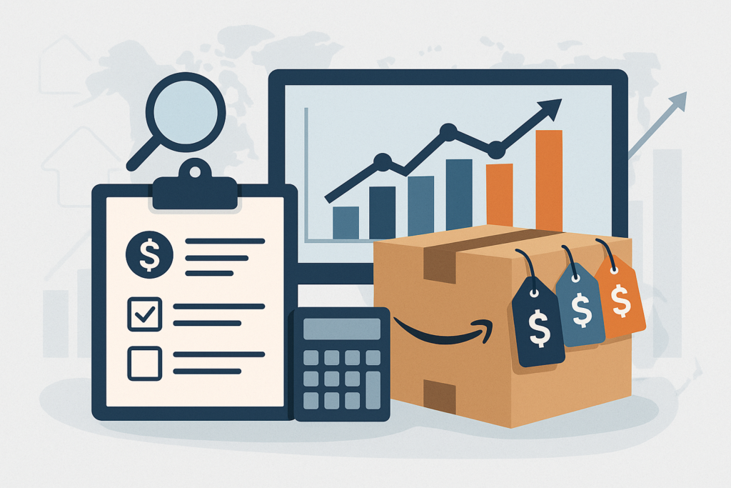 Illustration of Amazon pricing strategy with charts, price tags, and product boxes