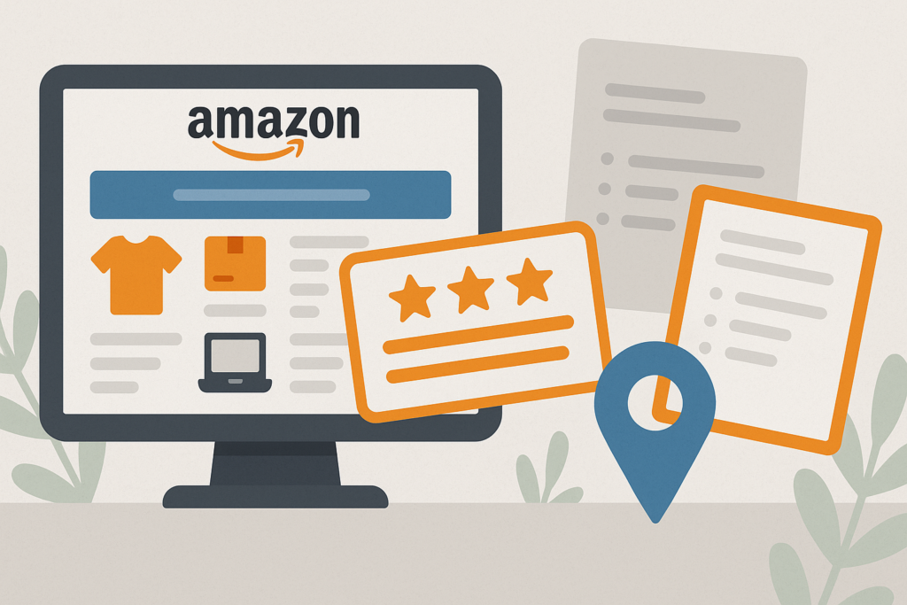 Illustration of Amazon seller services with product listings, reviews, and location pin