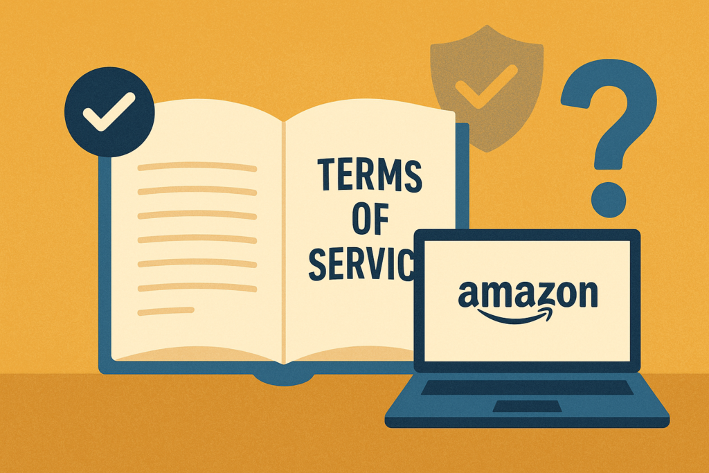 Illustration of an open book labeled "Terms of Service" next to a laptop showing the Amazon logo, with a checkmark and question mark symbol.