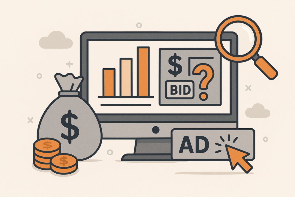 Amazon default bid PPC concept illustration with ad spend and bidding metrics