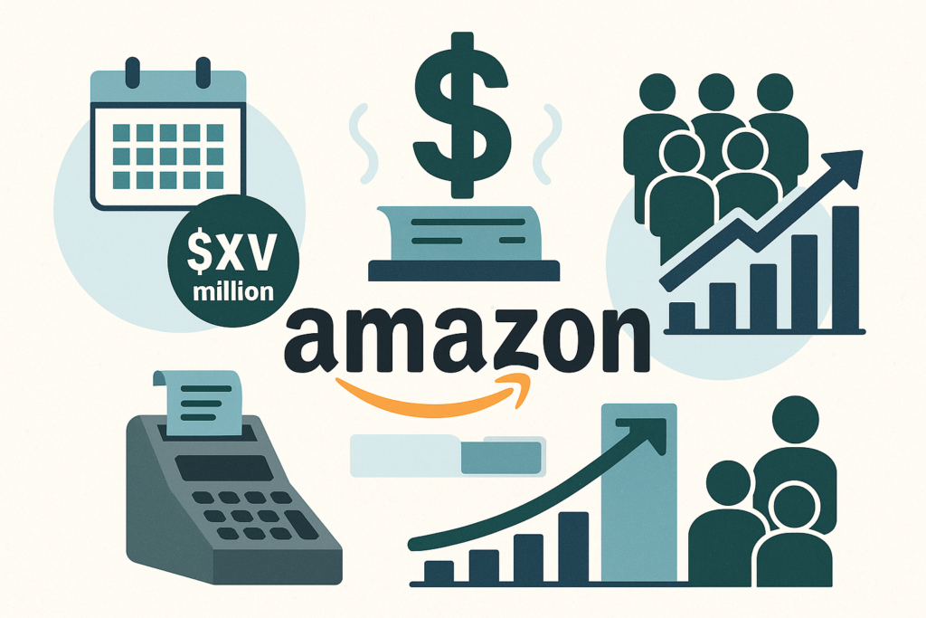 Illustration showing Amazon daily sales data with dollar signs, sales charts, cash register, and calendar icons to represent consumer spending trends.