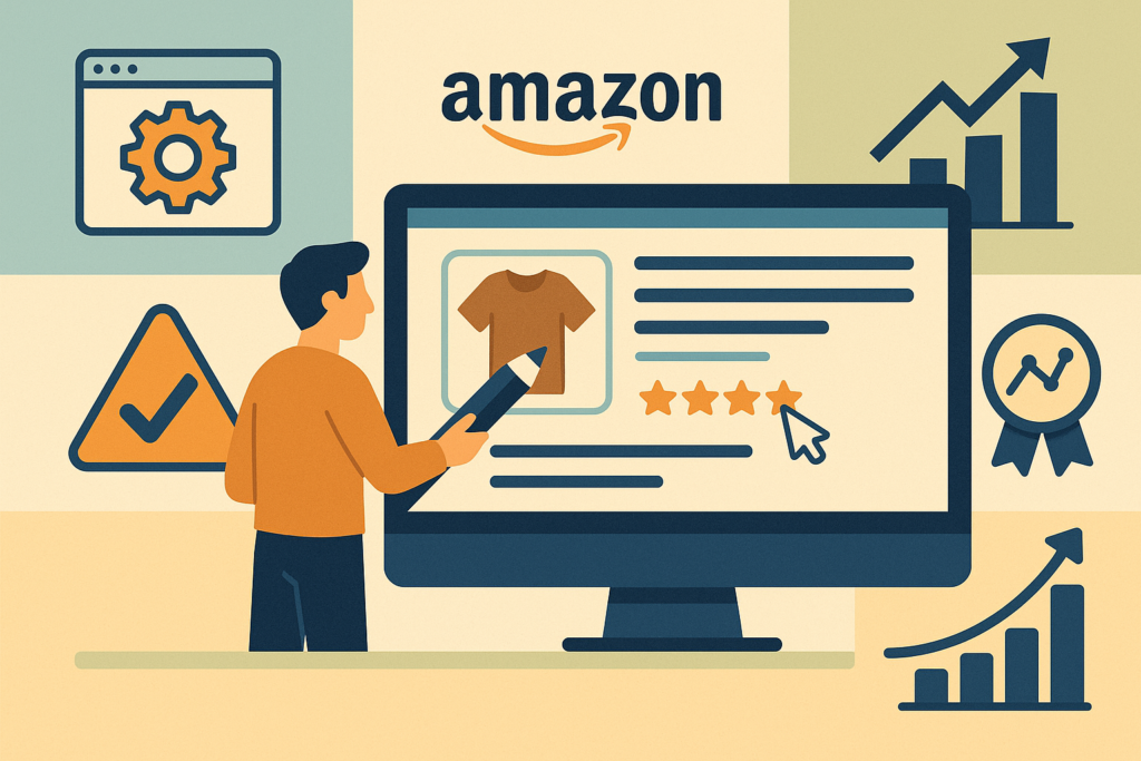 Illustration of seller editing an Amazon product listing with performance icons