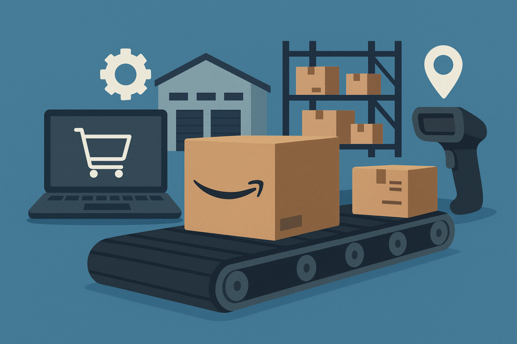 Amazon fulfillment setup with conveyor belt, shipping boxes, warehouse, and laptop