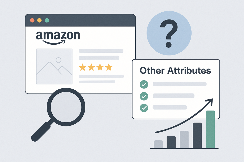 Illustration showing Amazon listing details with a focus on "Other Attributes" section and a graph indicating growth