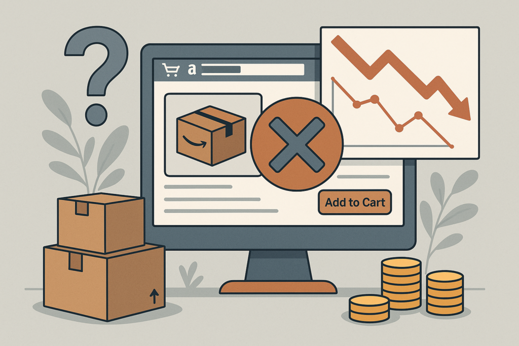 Amazon listing closure concept with packages, sales decline chart, and listing deactivation icon