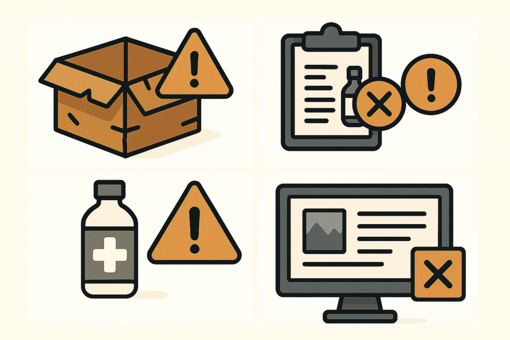 Amazon quality alert icons showing packaging errors, listing issues, and compliance warnings.