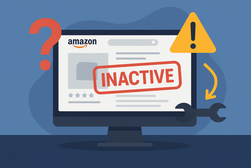Illustration of a computer screen showing an inactive Amazon product listing with a red "INACTIVE" stamp, warning icon, and question mark.