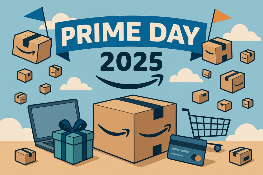 Amazon Prime Day 2025 promotional banner with smiling Amazon packages, a gift box, laptop, blue and orange flags, shopping cart, and a credit card, set against a sky with clouds.