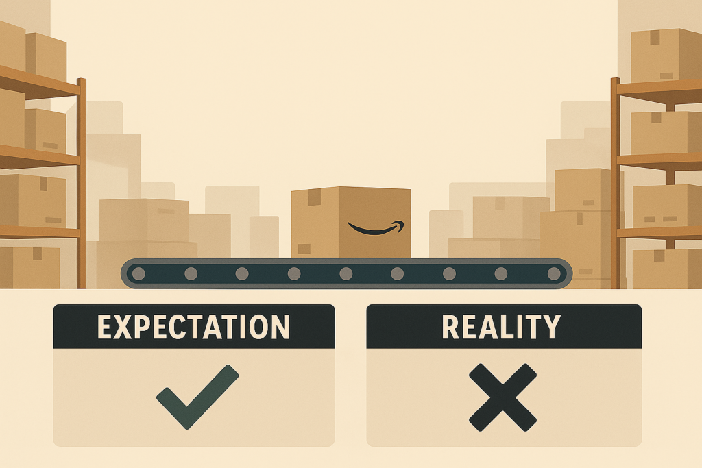 Amazon warehouse conveyor belt showing the gap between expectations and reality for FBA sellers.