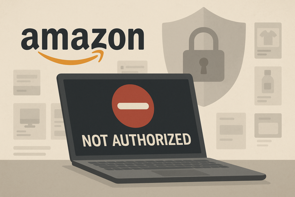 Laptop screen showing "Not Authorized" message on Amazon with a red stop icon, representing unauthorized seller restrictions.