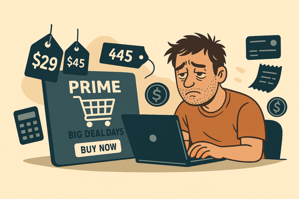 Overwhelmed Amazon seller managing Prime Big Deal Days alone with laptop, price tags, and financial stress