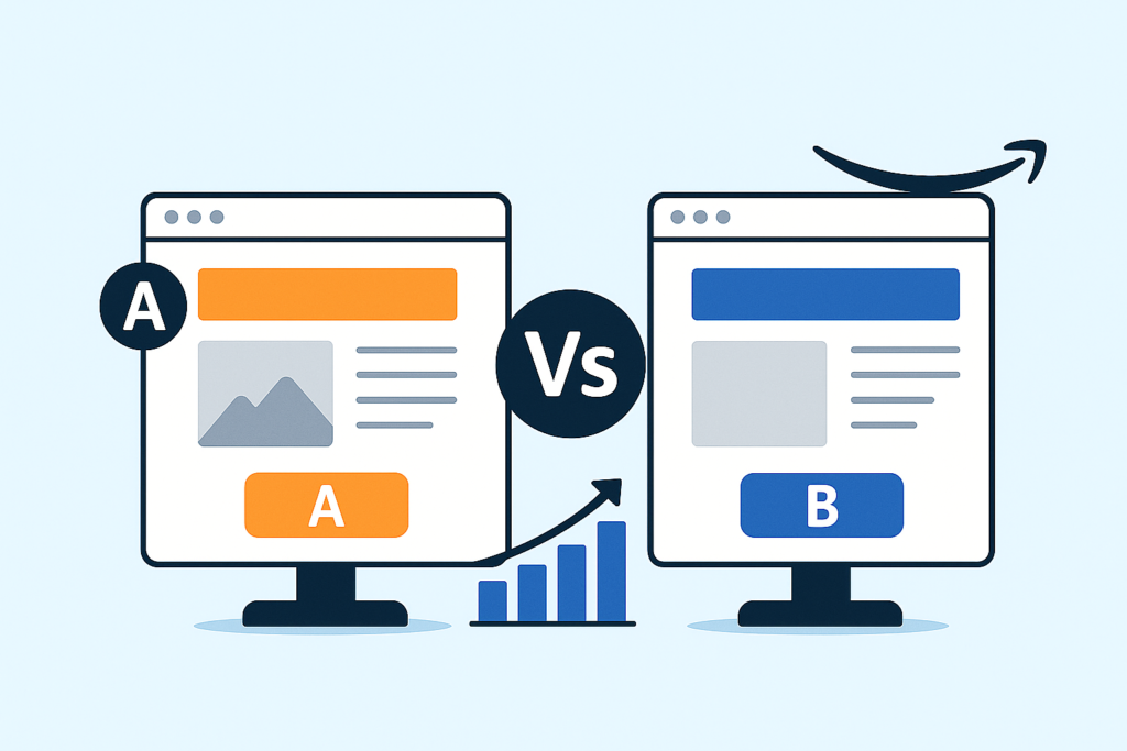 Amazon A/B testing comparison showing two computer screens with Version A and Version B listings with performance chart