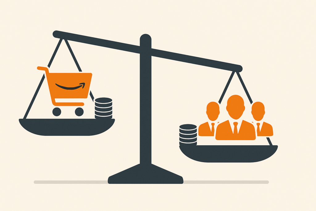 Cost comparison scale showing Amazon shopping cart with money versus team of three professionals representing in-house vs agency decision