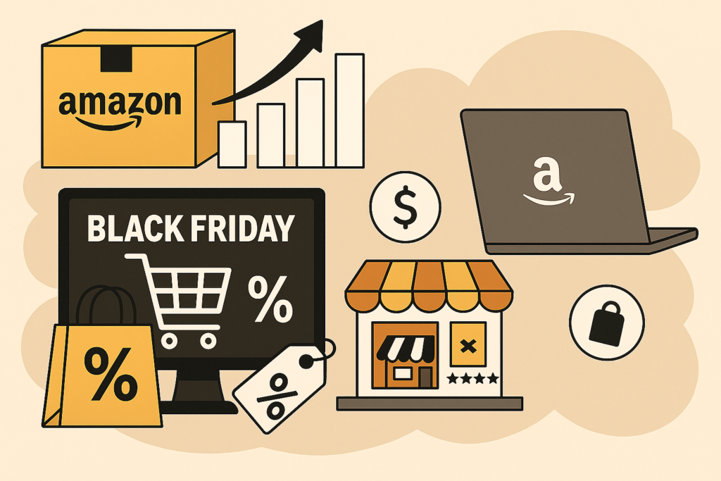 Amazon Black Friday strategy illustration showing package, sales growth chart, laptop, discount tags and online store elements