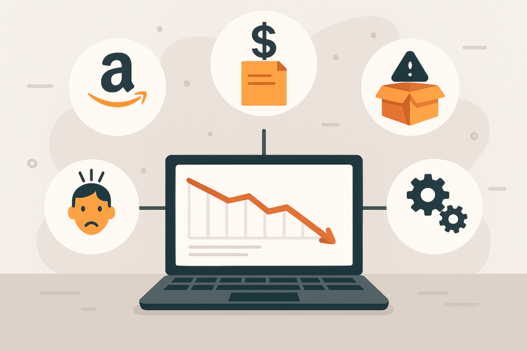 Amazon business warning signs illustration showing declining sales chart with stressed seller, money issues, and operational problems