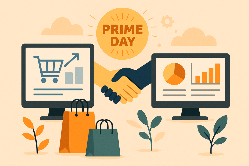 Amazon Prime Day partnership illustration showing handshake between e-commerce seller and agency with sales growth charts and shopping bags