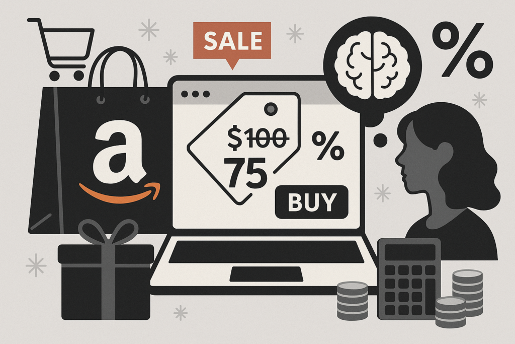 Amazon Black Friday pricing psychology illustration showing shopper analyzing discount from $100 to $75 with brain psychology symbols and calculator