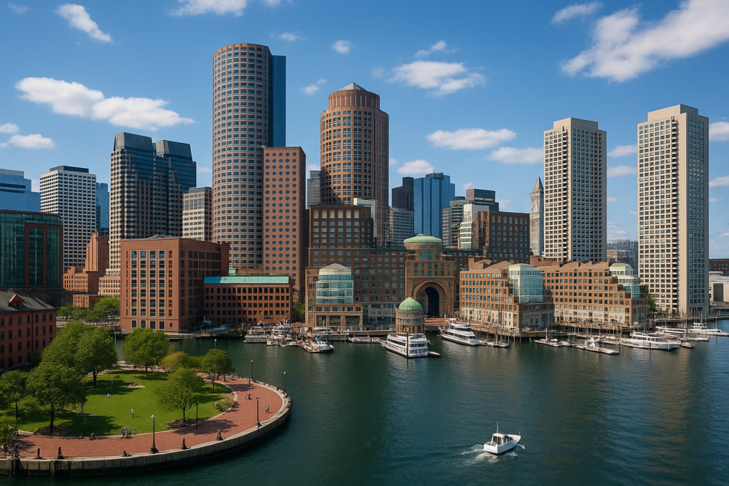 Boston skyline and harbor featuring Financial District skyscrapers with boats and waterfront park