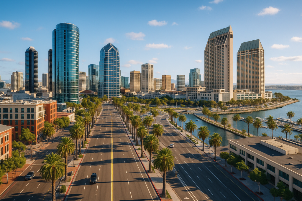 San Diego downtown skyline with palm tree-lined boulevard leading to waterfront and skyscrapers