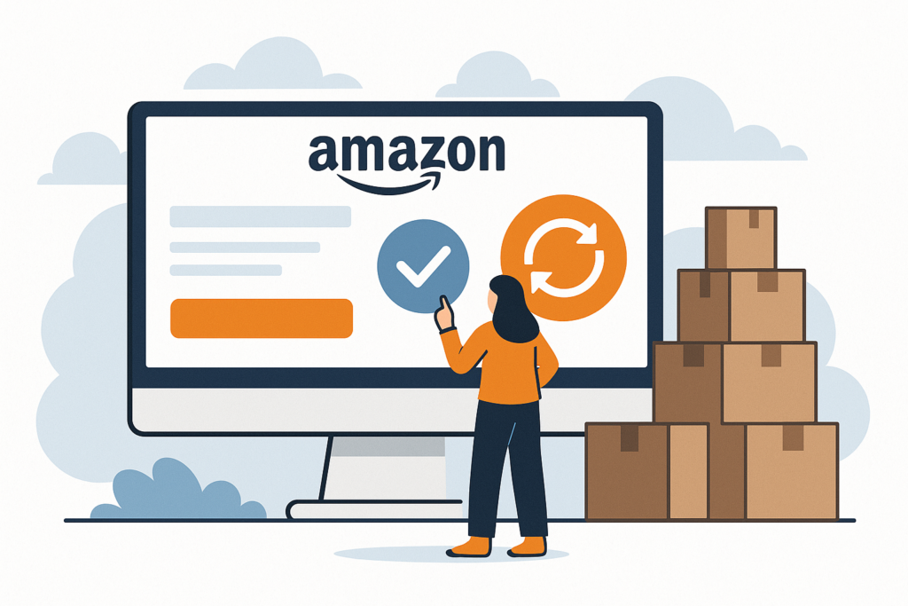 Amazon seller managing Subscribe and Save program on computer with subscription icon and delivery boxes
