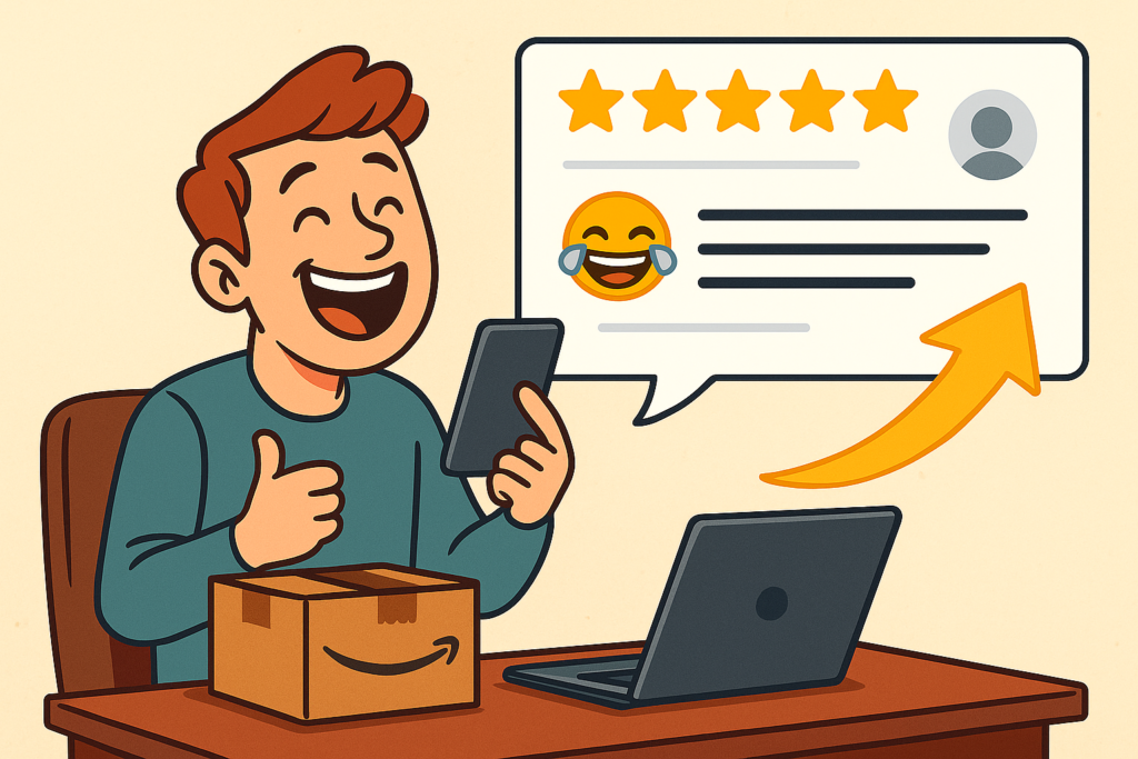 Happy customer laughing while reading Amazon reviews on phone with 5-star rating display and Amazon package on desk