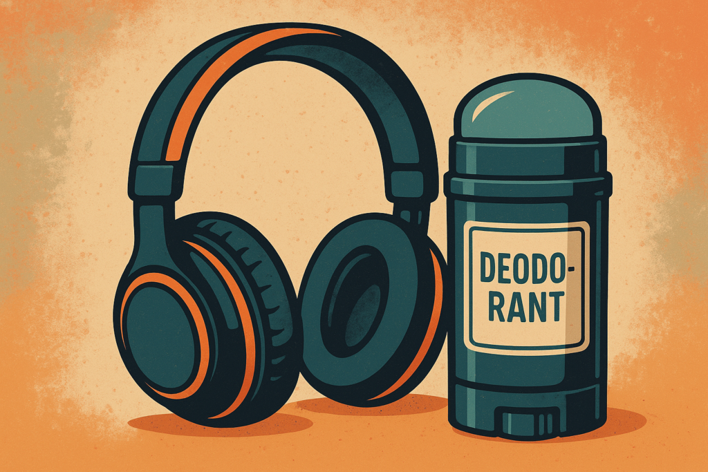 illustration of headphones placed next to a stick of deodorant on an orange background.