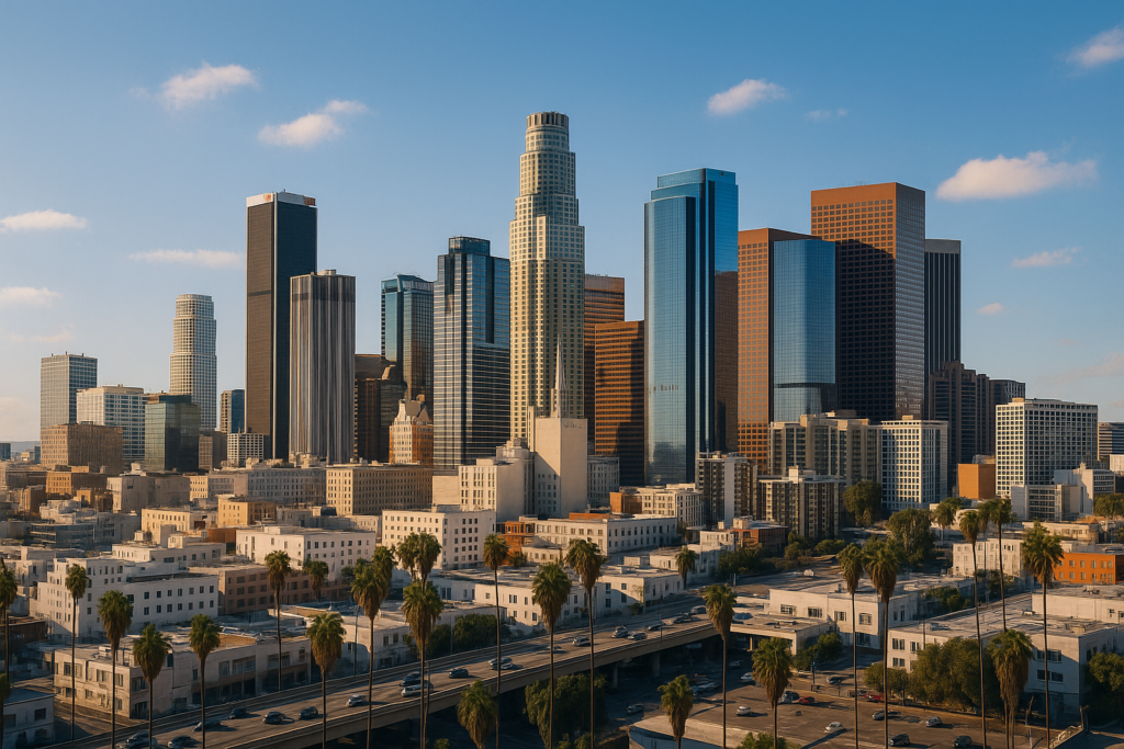 Los Angeles Amazon consulting agency near downtown skyline with palm trees and freeway at sunset