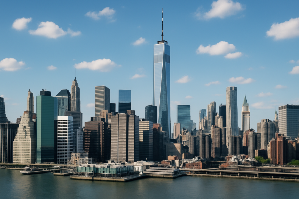 New York City downtown skyline featuring One World Trade Center and East River waterfront