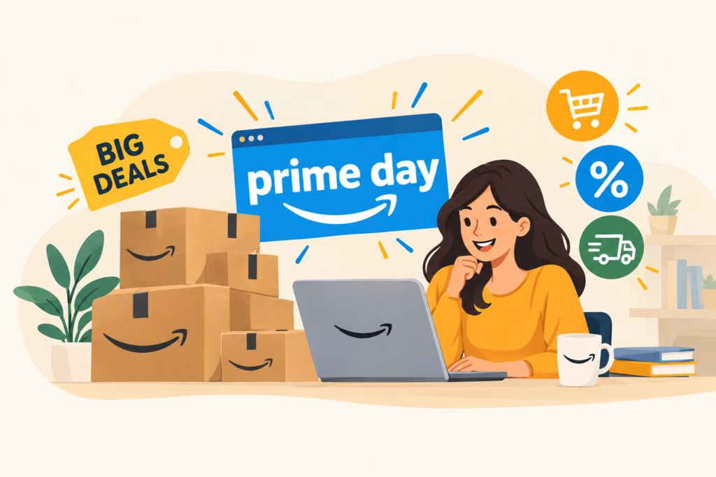 woman looking at a laptop shopping the prime day sales event